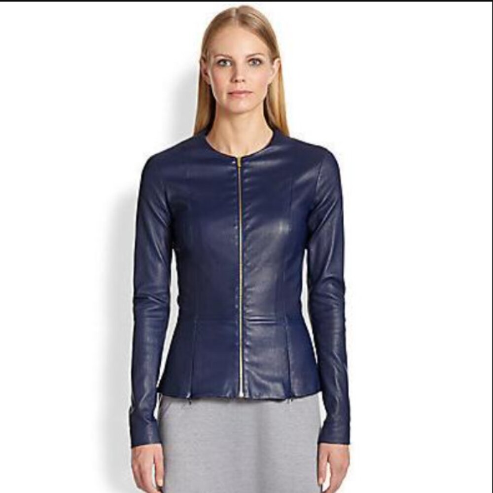 THE ROW Anasta Lambskin Leather Zip-Front Peplum Jacket size 2/4/6